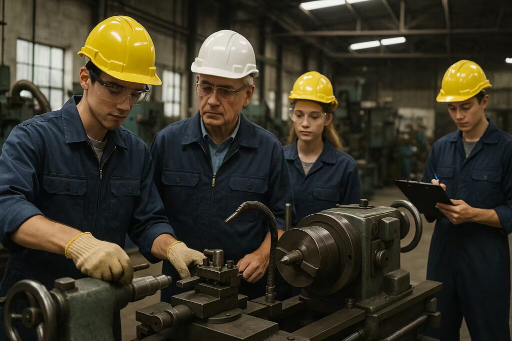 Uczniowie podczas praktyk zawodowych w zakładzie produkcyjnym w ramach projektu edukacyjnego