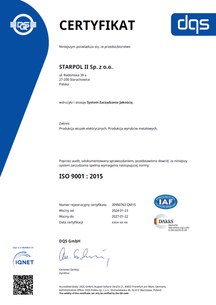 Certyfikat ISO 9001:2015 firmy Starpol – system zarządzania jakością