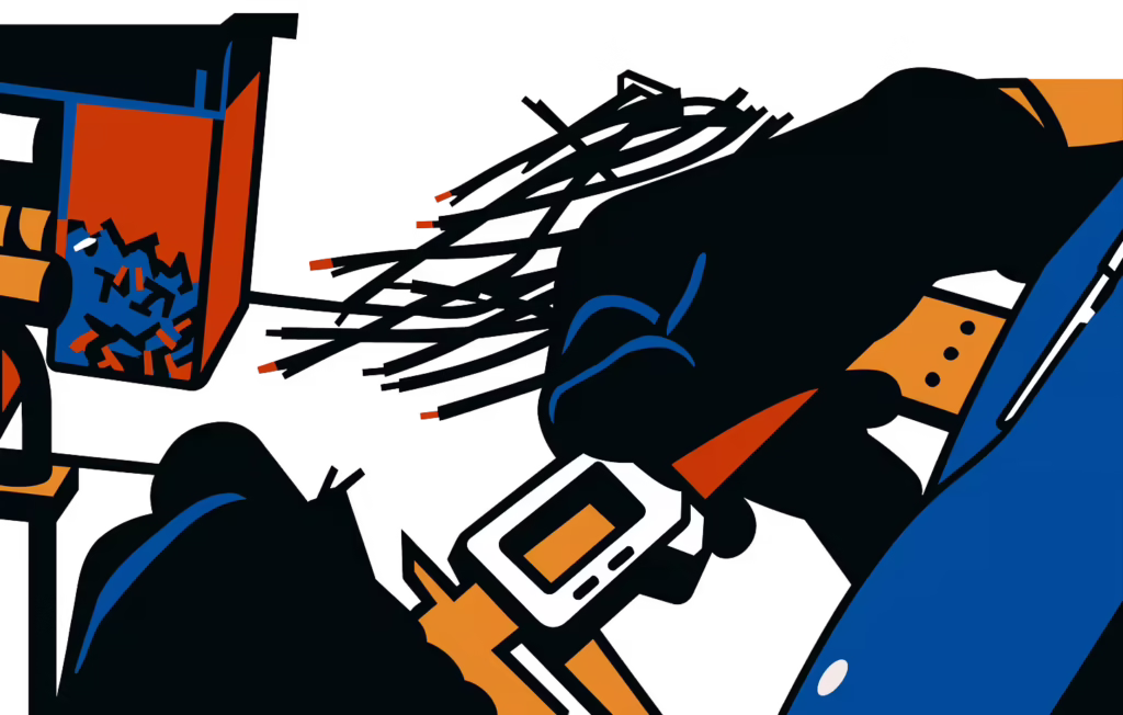 Pracownik kontroli jakości Starpol mierzący przewody elektryczne suwmiarką